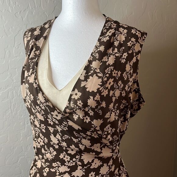 ELLEN Tracy brown and tan floral print wrap dress lined fabric belt tie size 6 - Picture 2 of 10